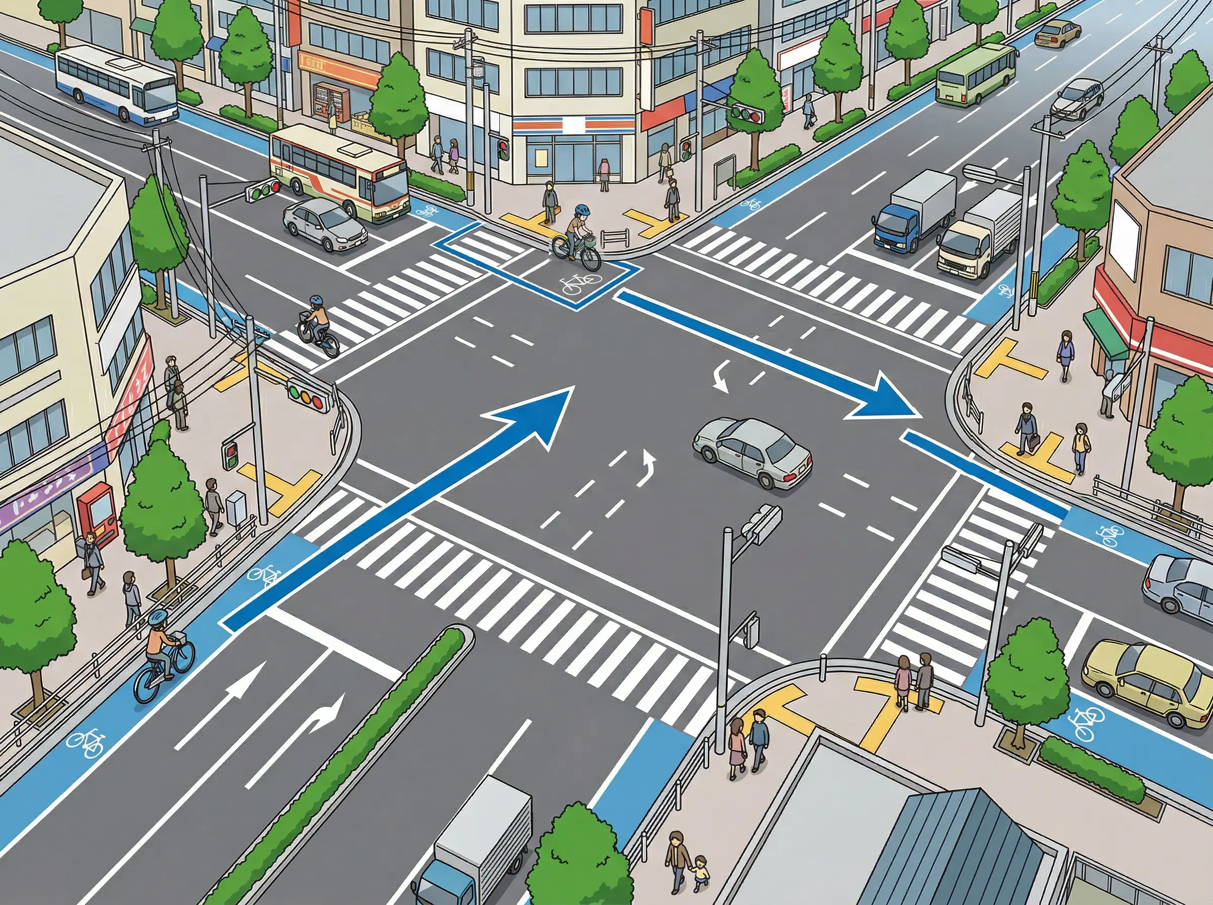 自転車は二段階右折が原則！右折レーンの使用は禁止