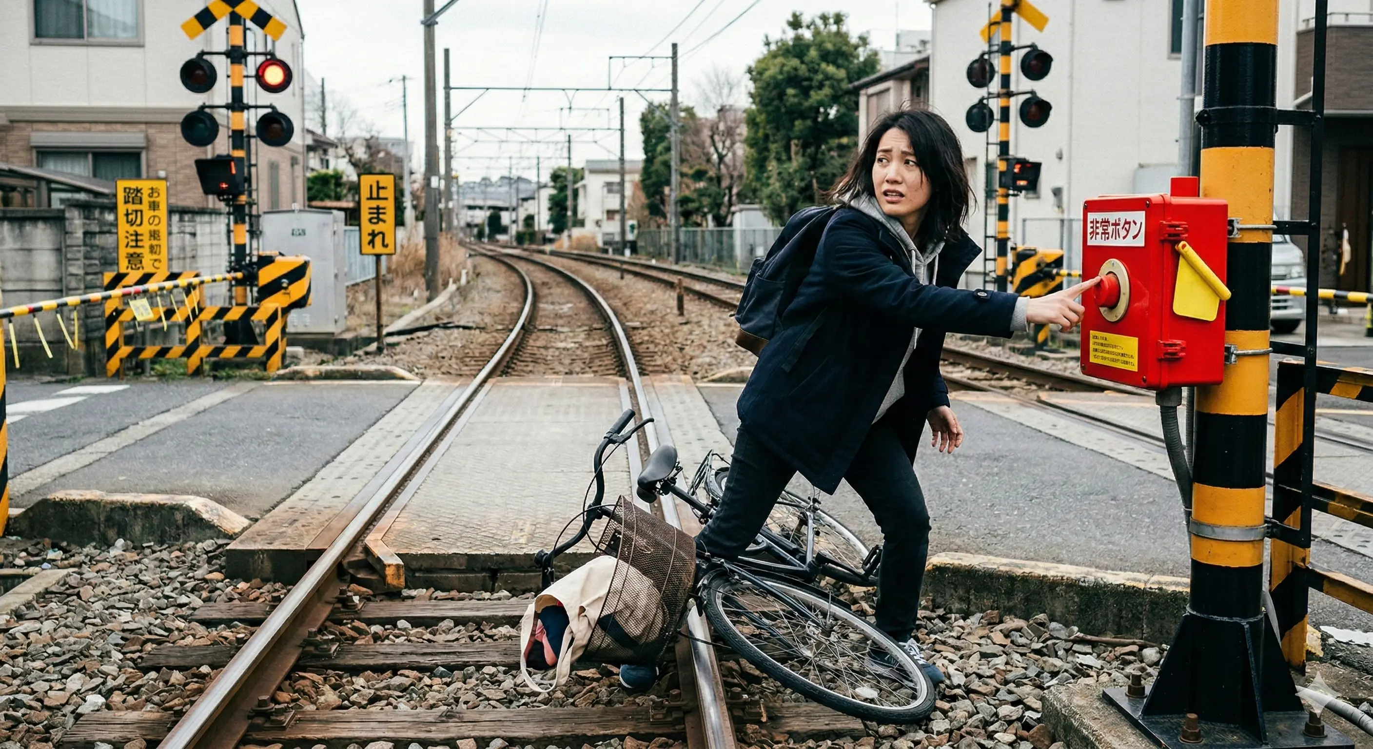 踏切内で自転車がパンクして動けなくなった。最初にすべきことは？｜反則金7,000円